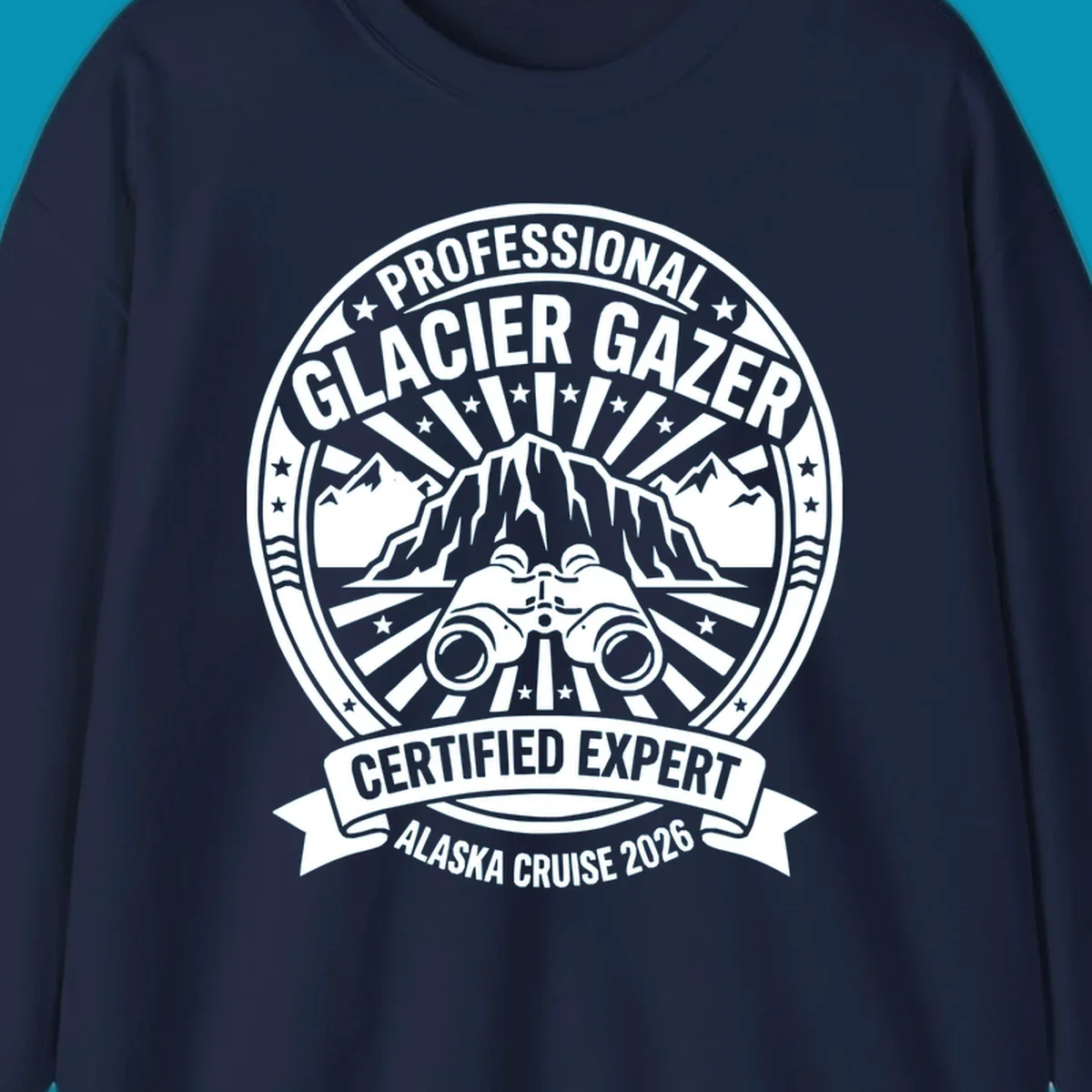 Professional glacier gazer certified expert badge design featuring binoculars, glacier mountain, and radiating sun rays for Alaska cruise 2026