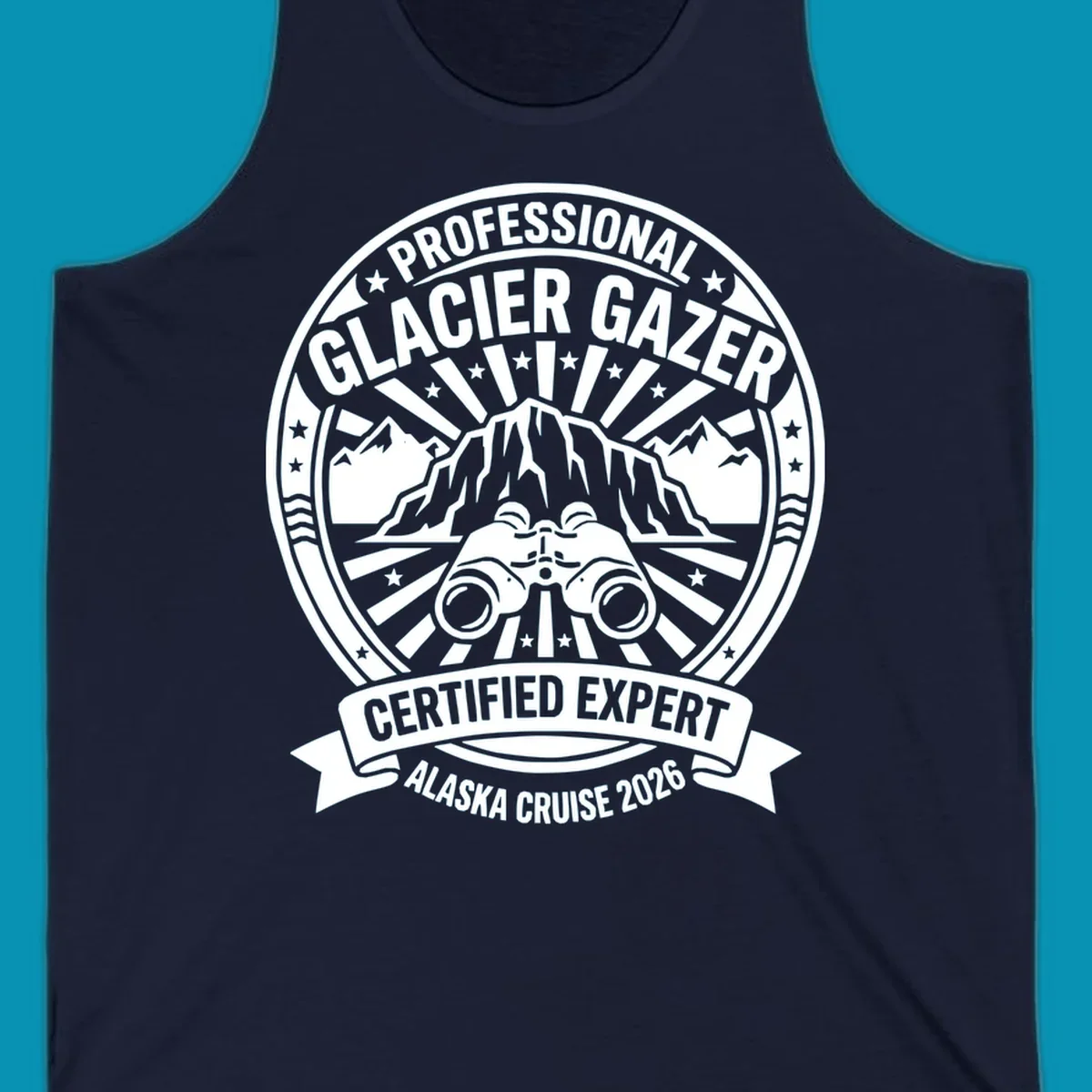 Professional glacier gazer certified expert badge design featuring binoculars, glacier mountain, and radiating sun rays for Alaska cruise 2026