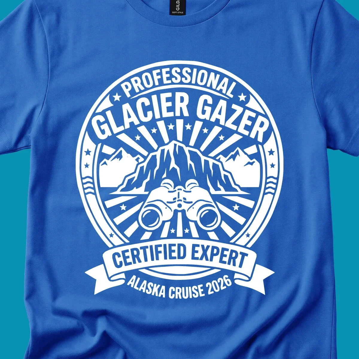 Professional glacier gazer certified expert badge design featuring binoculars, glacier mountain, and radiating sun rays for Alaska cruise 2026