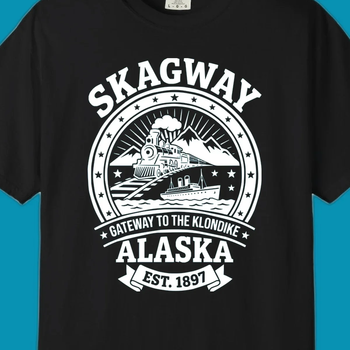 Vintage circular badge design featuring Skagway Klondike Gold Rush imagery with steam locomotive, mountains, steamship, and 1897 establishment date