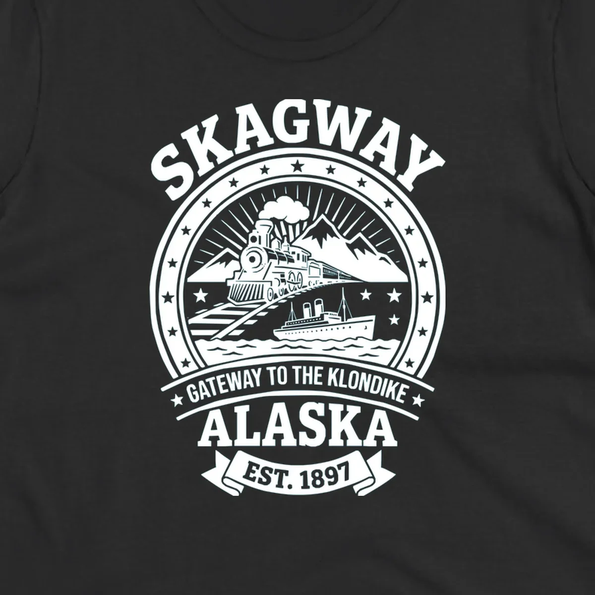 Vintage circular badge design featuring Skagway Klondike Gold Rush imagery with steam locomotive, mountains, steamship, and 1897 establishment date
