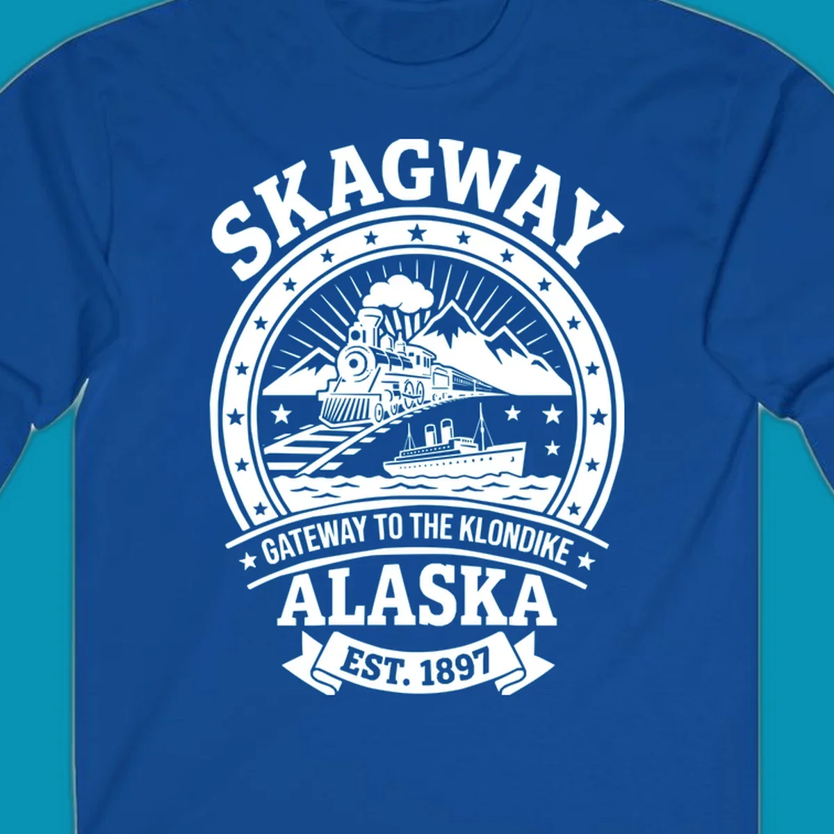 Vintage circular badge design featuring Skagway Klondike Gold Rush imagery with steam locomotive, mountains, steamship, and 1897 establishment date