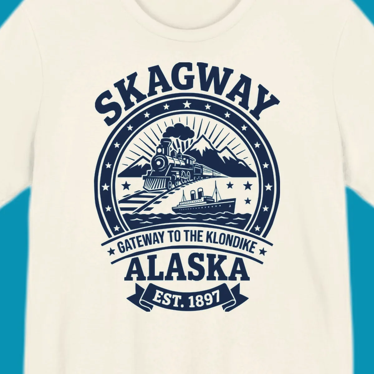 Vintage circular badge design featuring Skagway Klondike Gold Rush imagery with steam locomotive, mountains, steamship, and 1897 establishment date