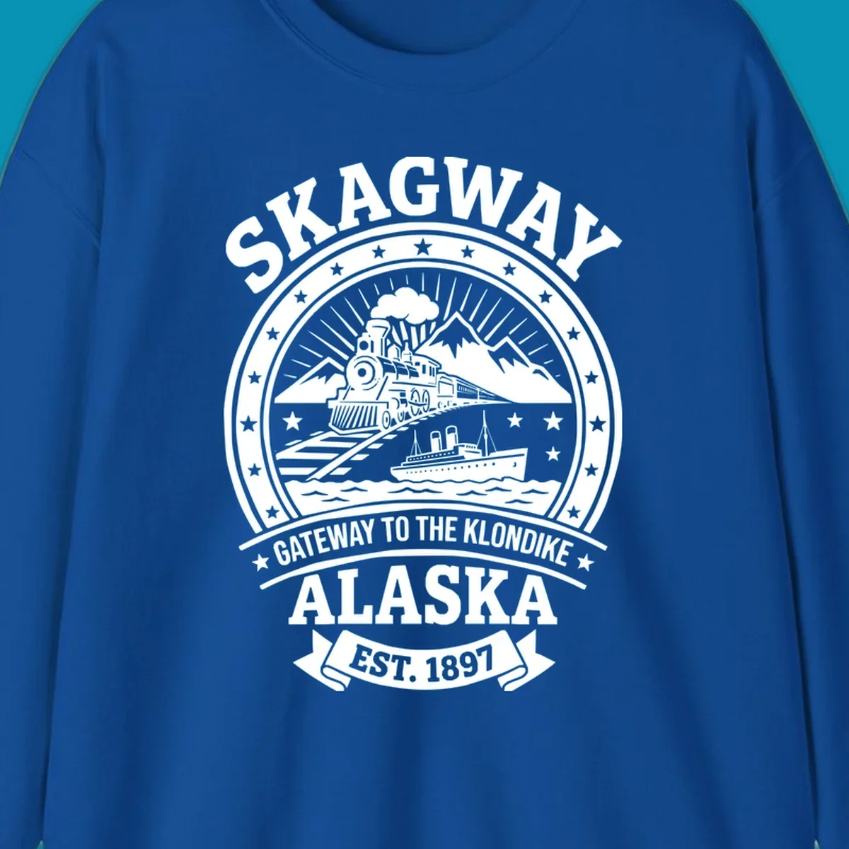 Vintage circular badge design featuring Skagway Klondike Gold Rush imagery with steam locomotive, mountains, steamship, and 1897 establishment date