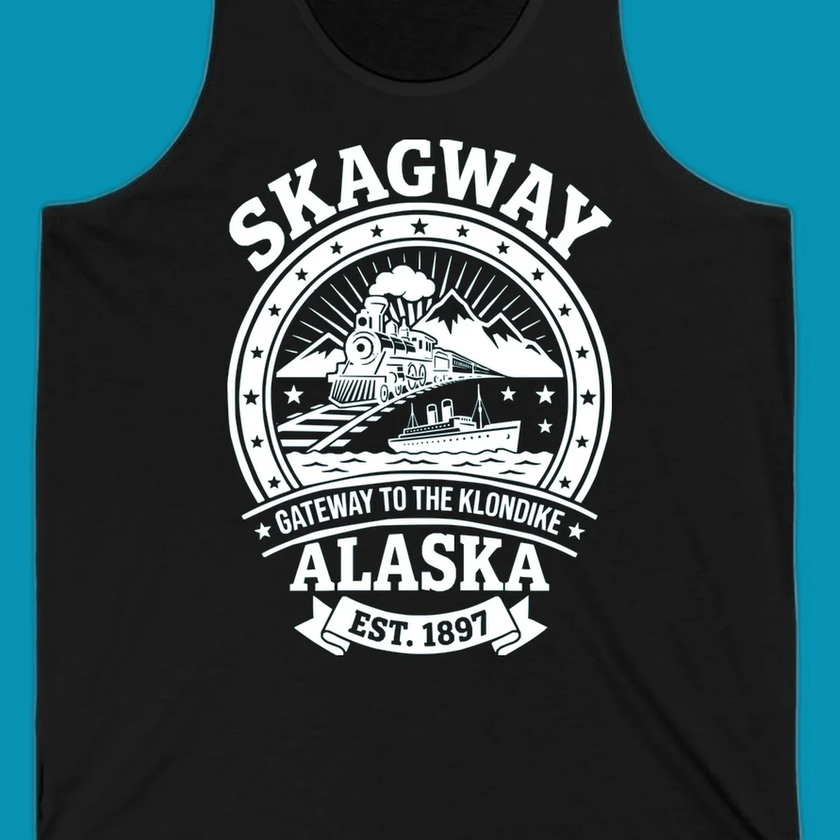 Vintage circular badge design featuring Skagway Klondike Gold Rush imagery with steam locomotive, mountains, steamship, and 1897 establishment date