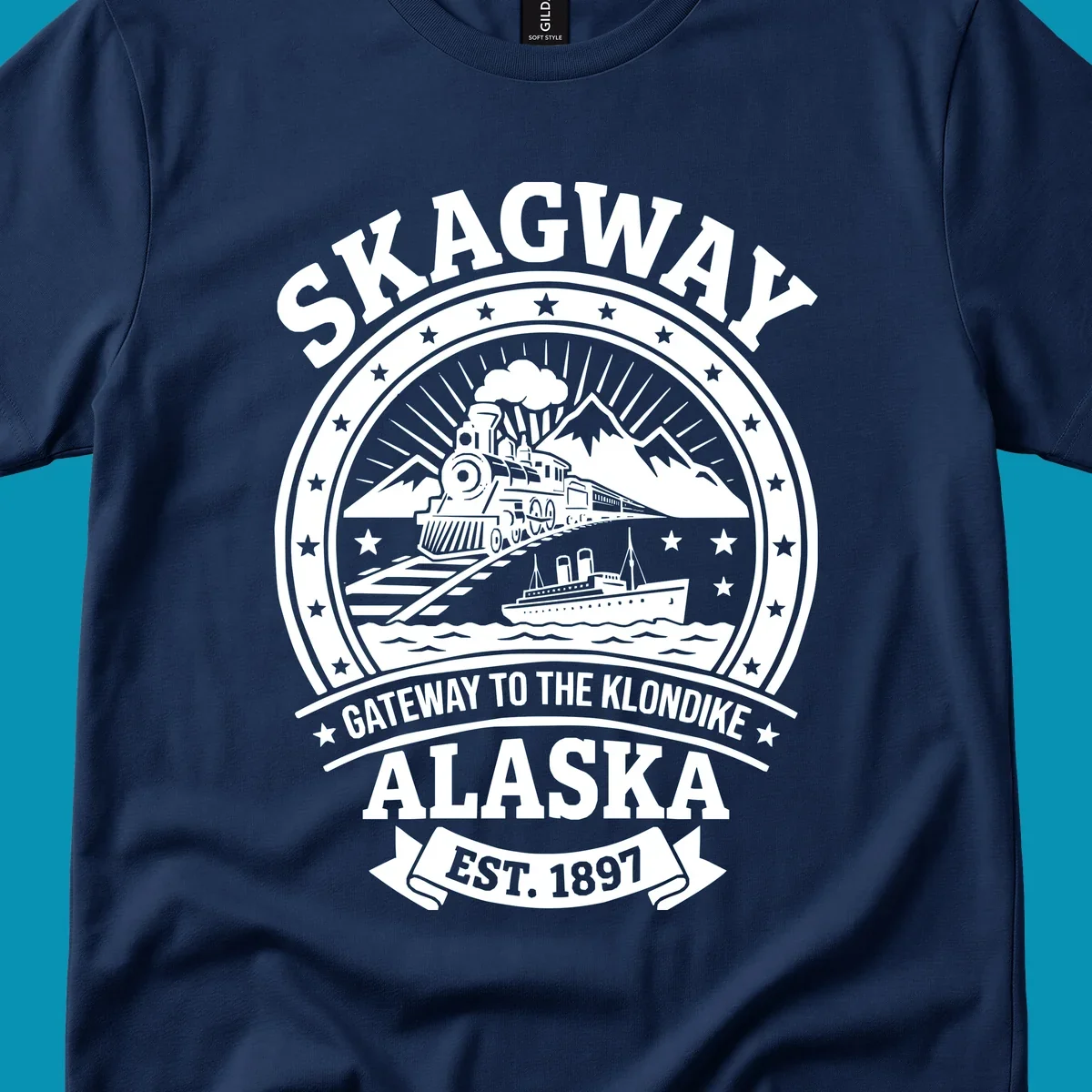 Vintage circular badge design featuring Skagway Klondike Gold Rush imagery with steam locomotive, mountains, steamship, and 1897 establishment date
