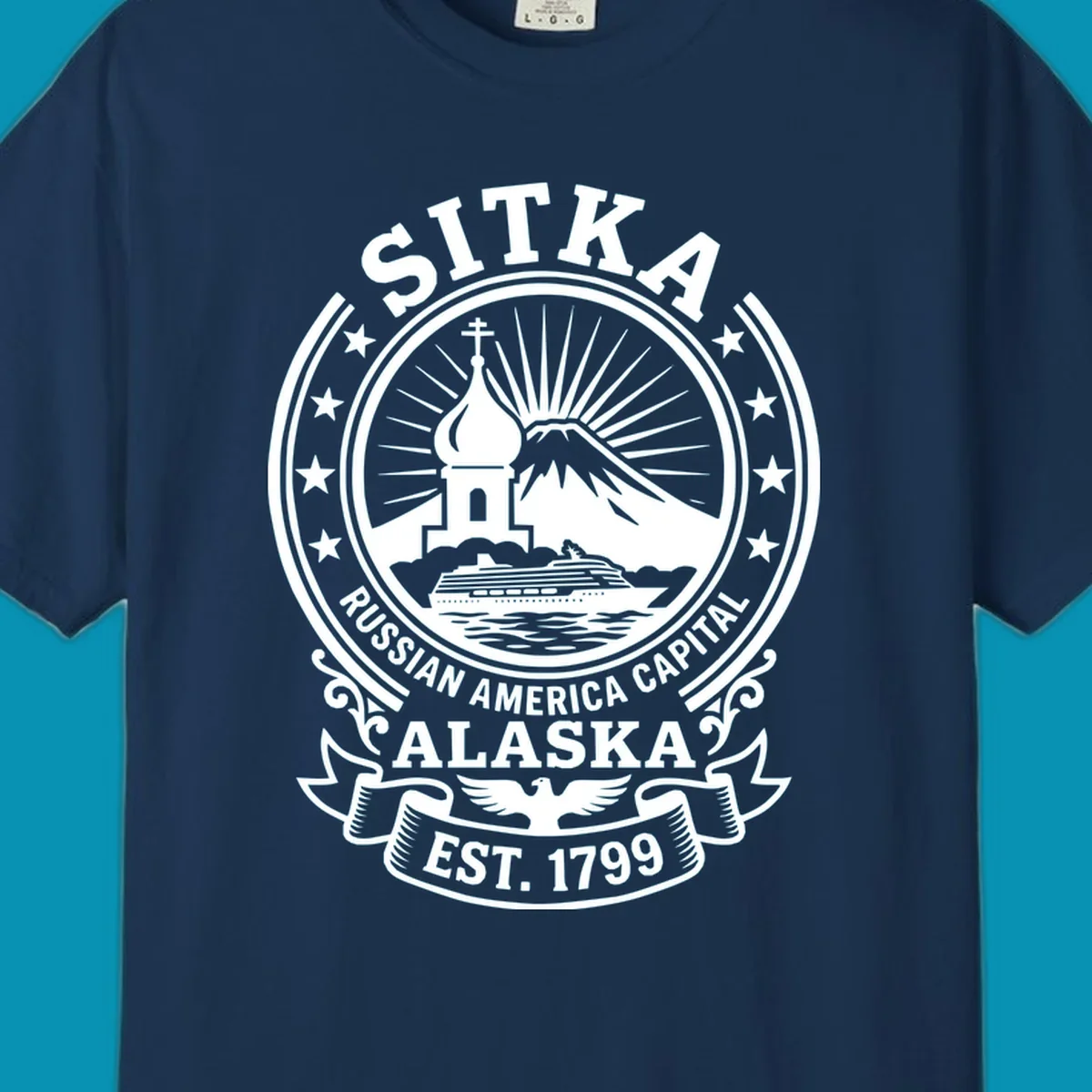Vintage circular badge design featuring Sitka Russian Orthodox church, mountain, and cruise ship with ornamental stars and scrollwork
