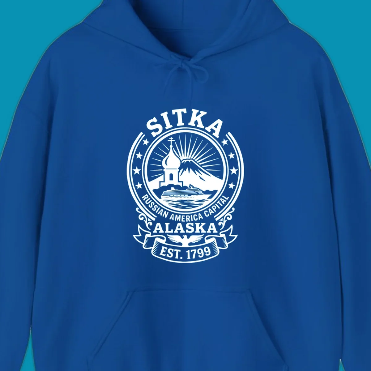 Vintage circular badge design featuring Sitka Russian Orthodox church, mountain, and cruise ship with ornamental stars and scrollwork