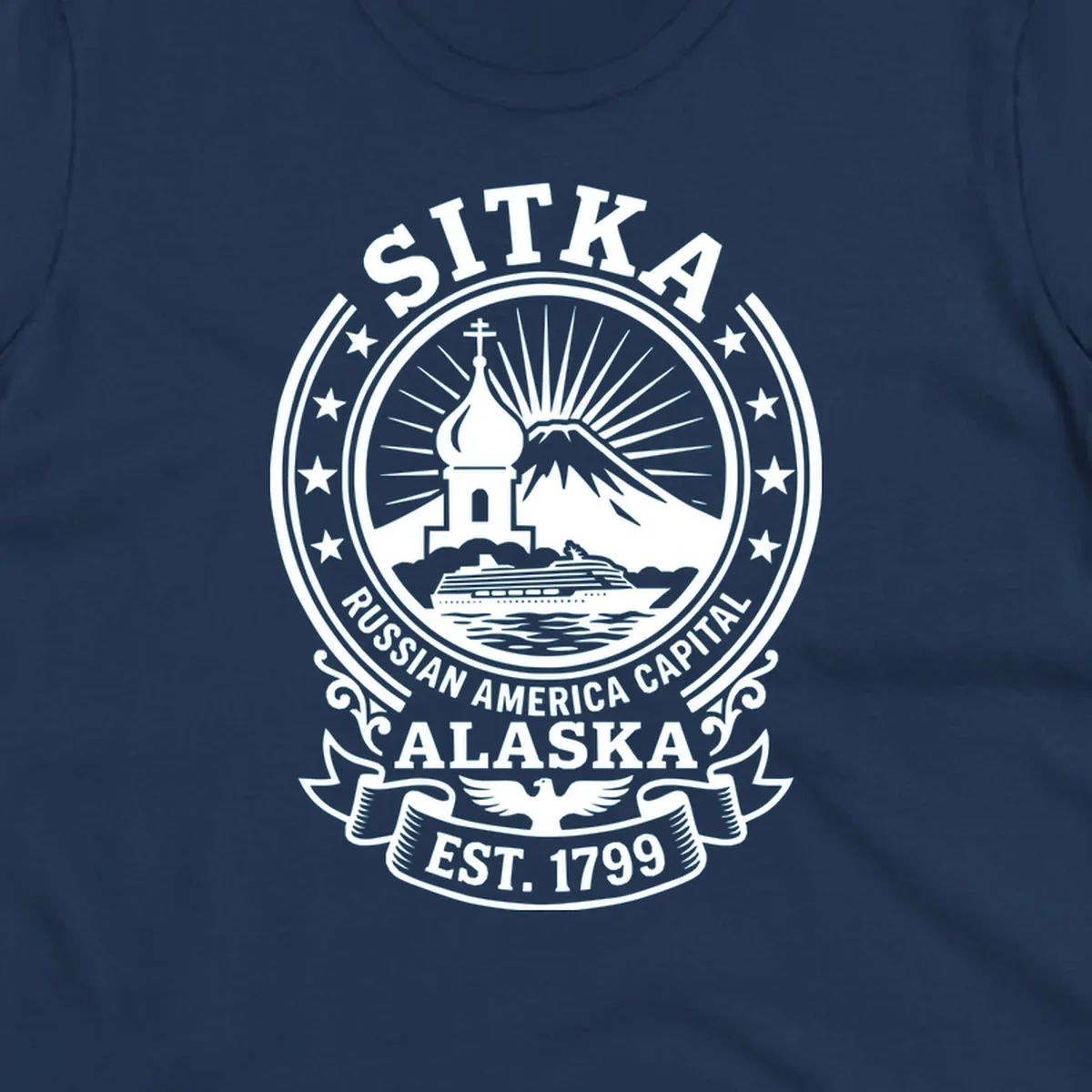 Vintage circular badge design featuring Sitka Russian Orthodox church, mountain, and cruise ship with ornamental stars and scrollwork