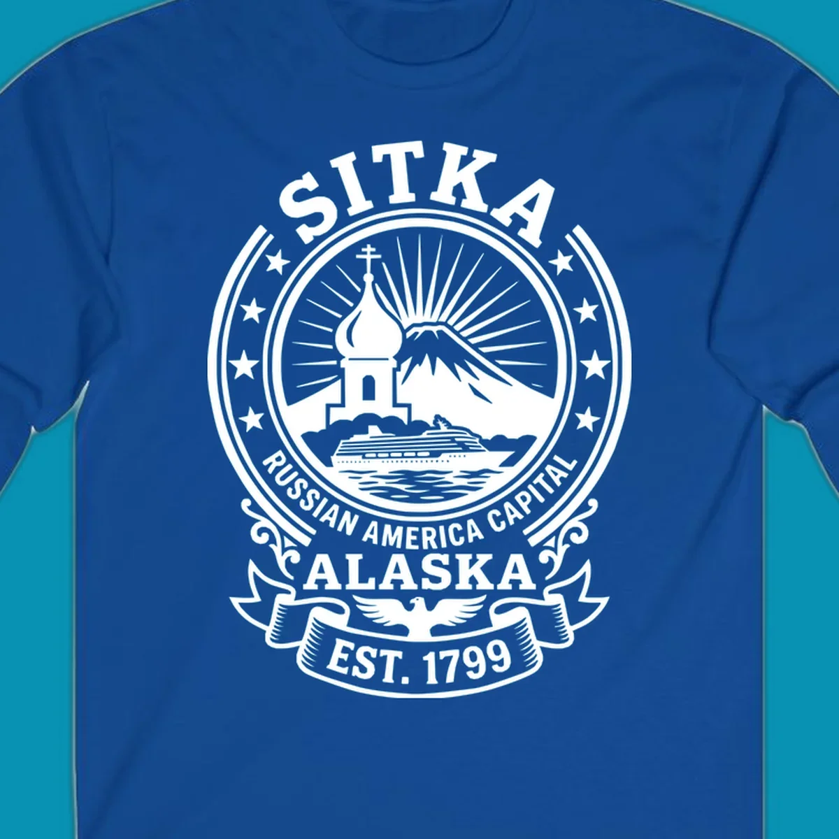 Vintage circular badge design featuring Sitka Russian Orthodox church, mountain, and cruise ship with ornamental stars and scrollwork