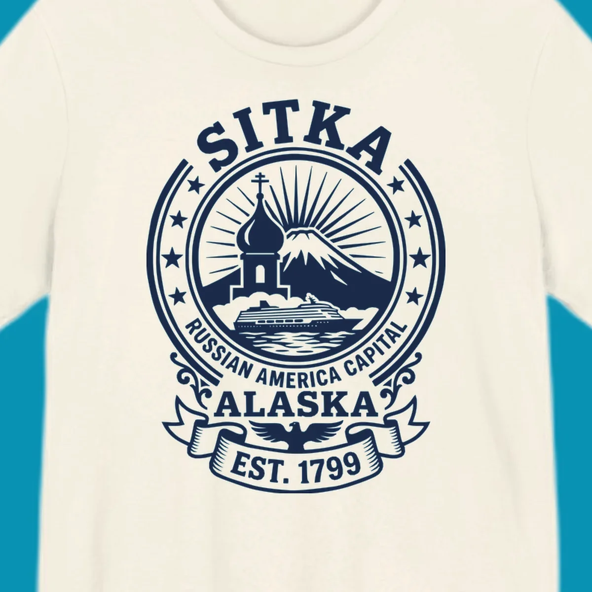 Vintage circular badge design featuring Sitka Russian Orthodox church, mountain, and cruise ship with ornamental stars and scrollwork