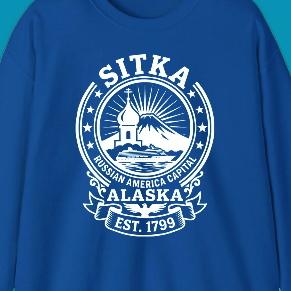 Vintage circular badge design featuring Sitka Russian Orthodox church, mountain, and cruise ship with ornamental stars and scrollwork
