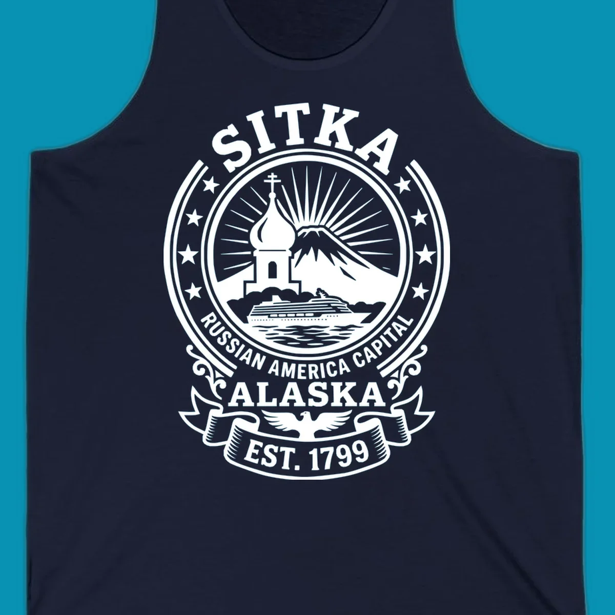 Vintage circular badge design featuring Sitka Russian Orthodox church, mountain, and cruise ship with ornamental stars and scrollwork