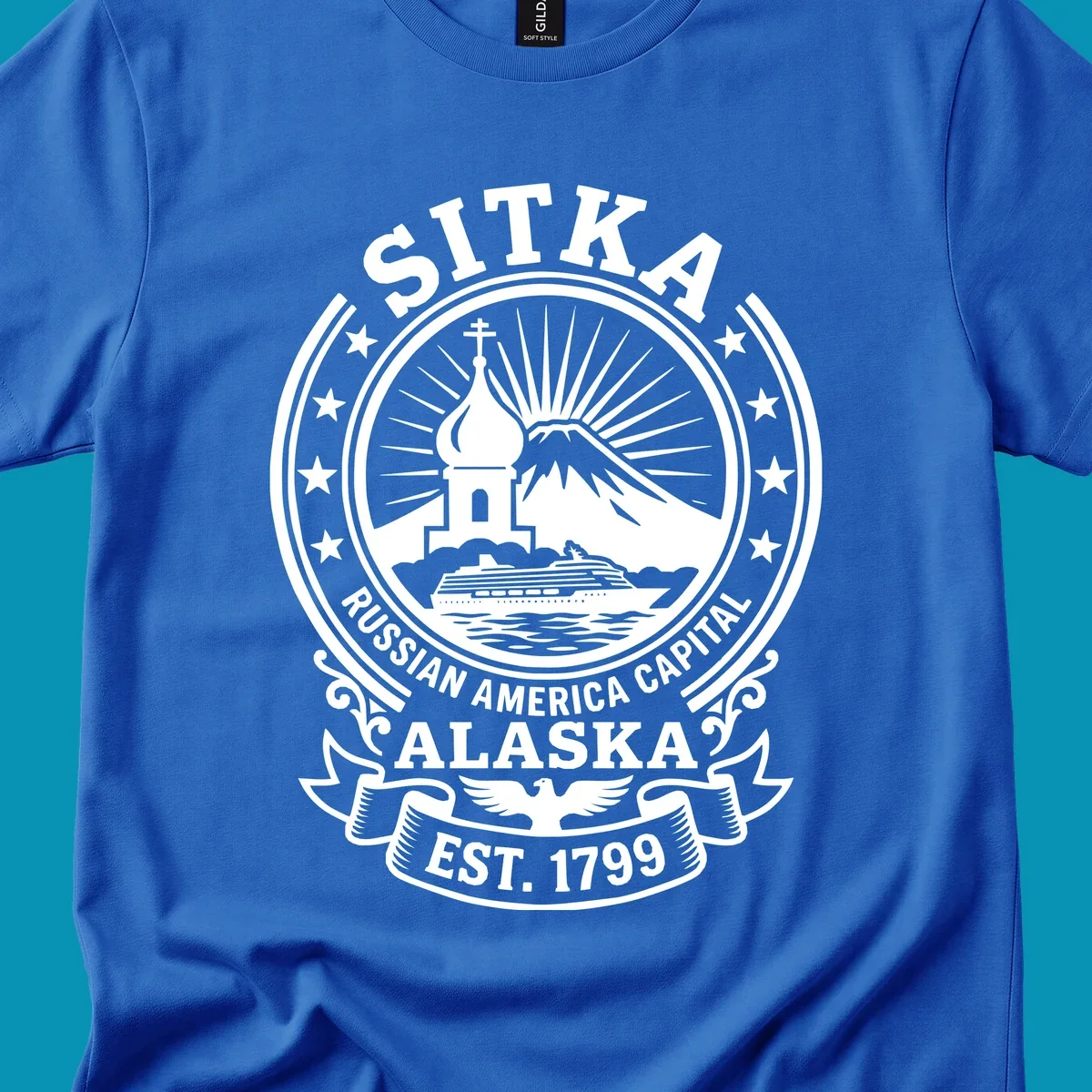 Vintage circular badge design featuring Sitka Russian Orthodox church, mountain, and cruise ship with ornamental stars and scrollwork