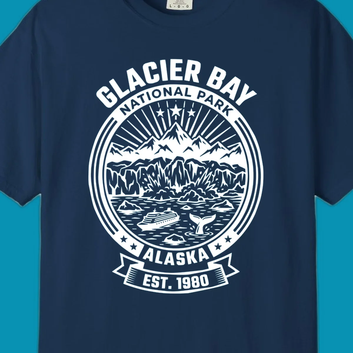 Glacier Bay National Park circular badge with mountains, cruise ship, whale tail, and icebergs, established 1980