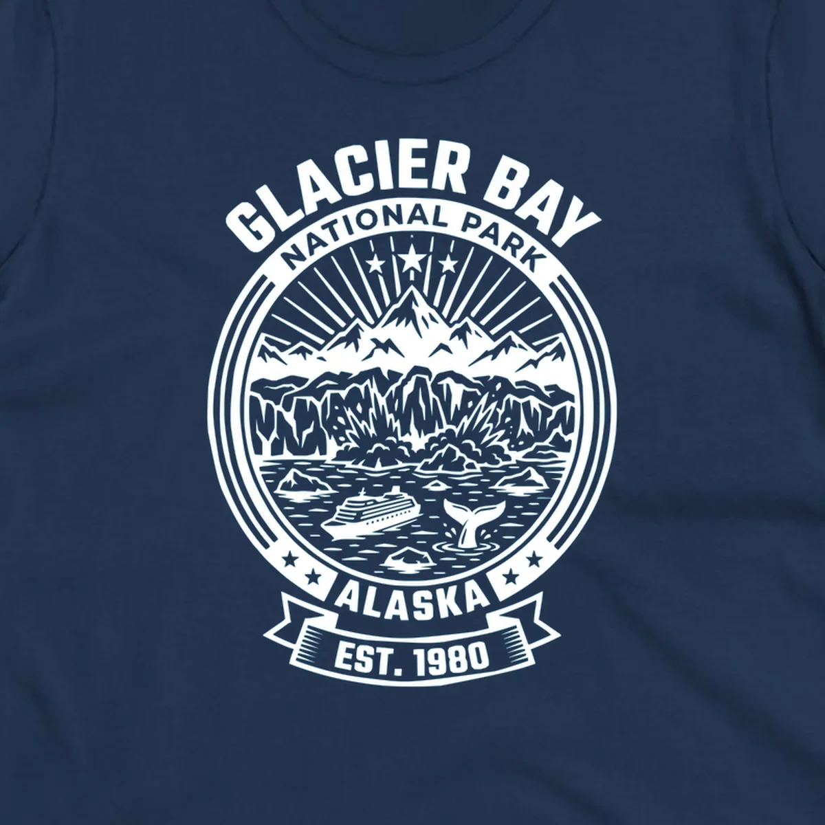 Glacier Bay National Park circular badge with mountains, cruise ship, whale tail, and icebergs, established 1980
