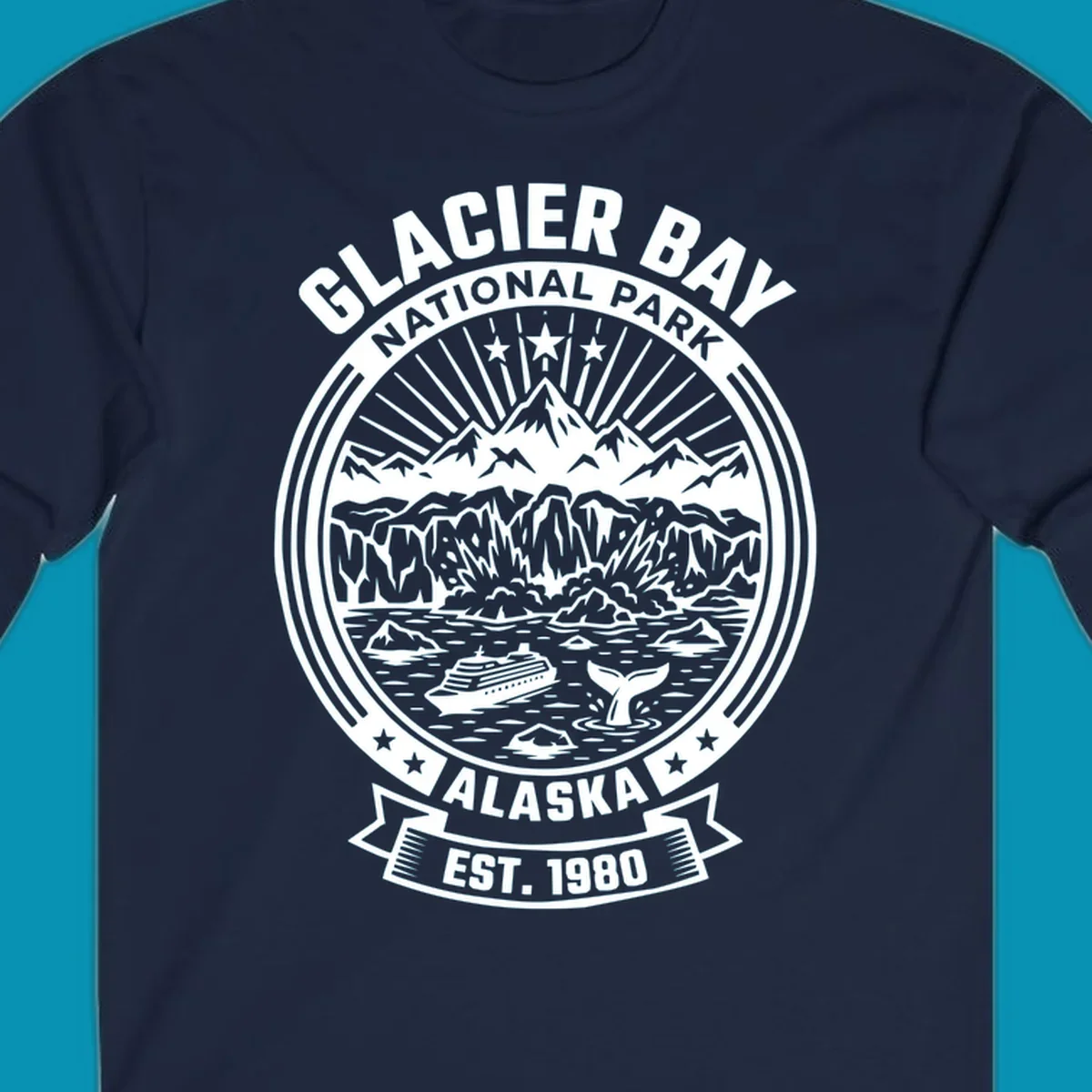 Glacier Bay National Park circular badge with mountains, cruise ship, whale tail, and icebergs, established 1980