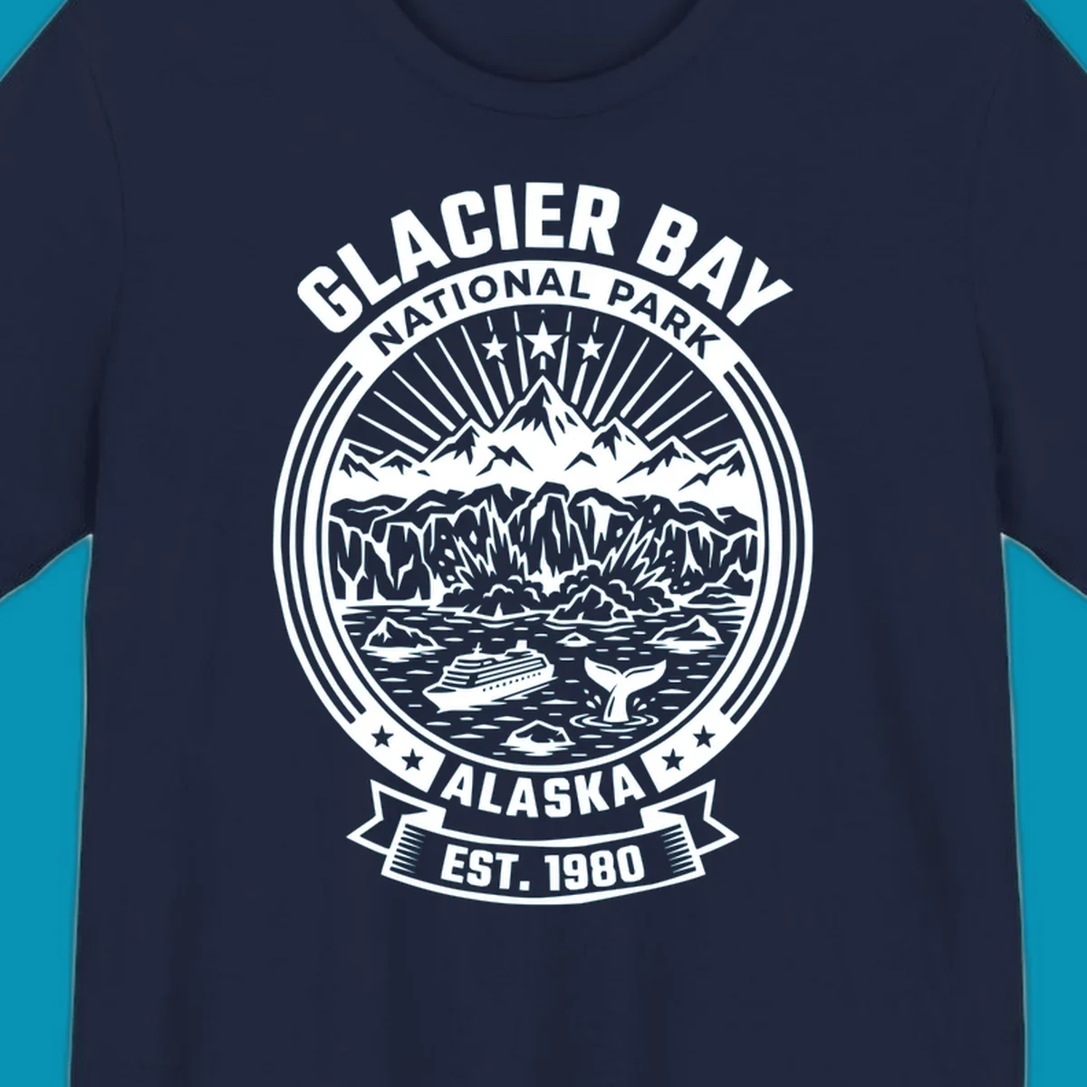 Glacier Bay National Park circular badge with mountains, cruise ship, whale tail, and icebergs, established 1980