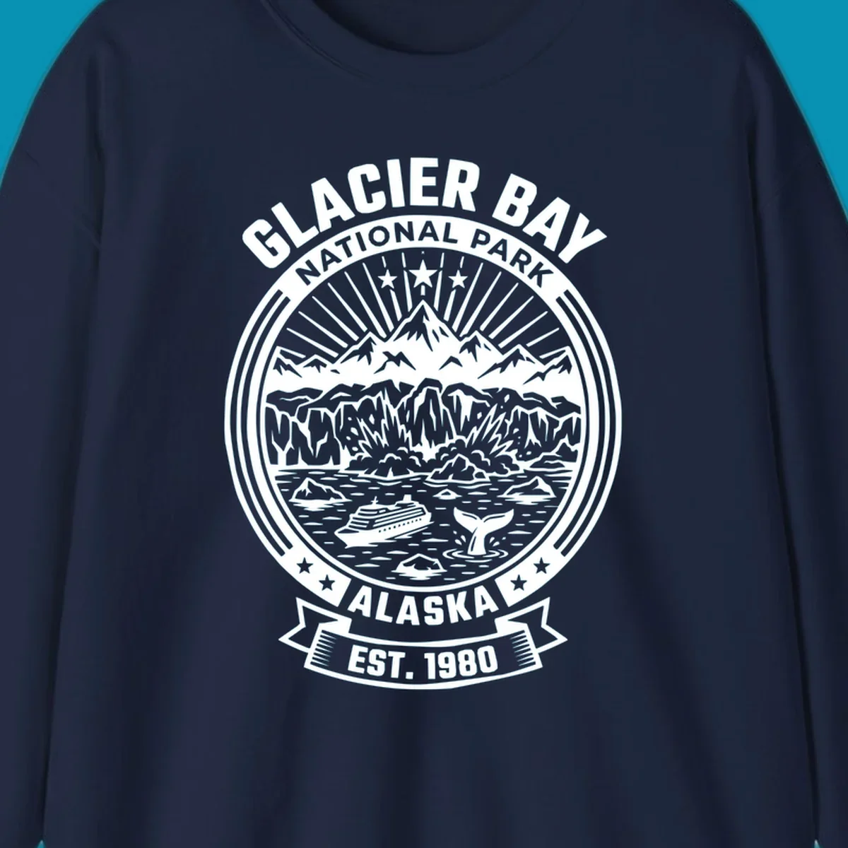 Glacier Bay National Park circular badge with mountains, cruise ship, whale tail, and icebergs, established 1980