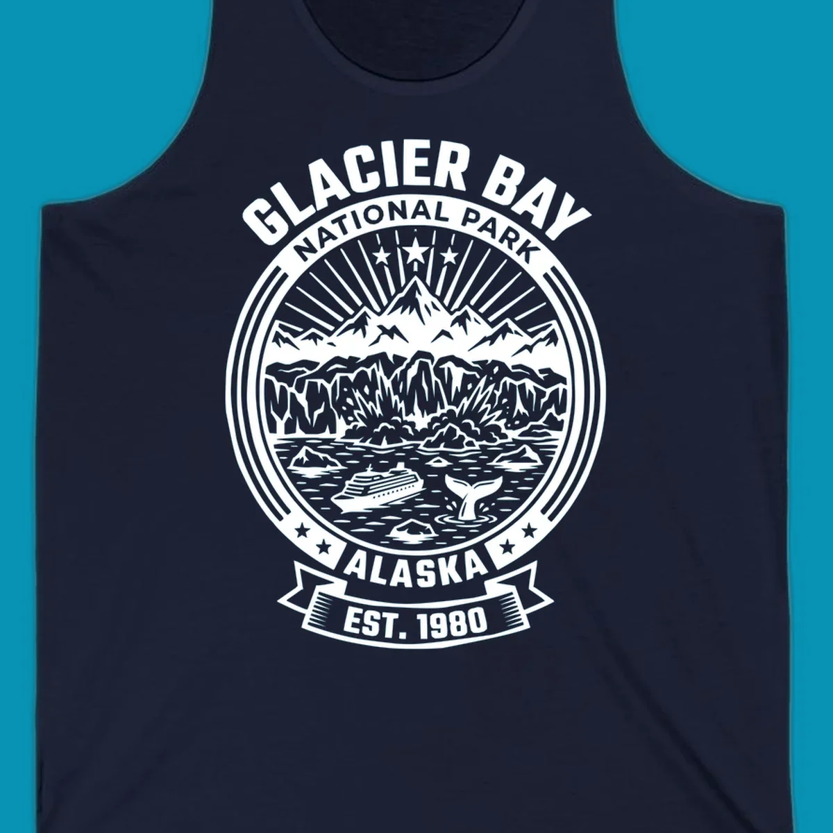 Glacier Bay National Park circular badge with mountains, cruise ship, whale tail, and icebergs, established 1980