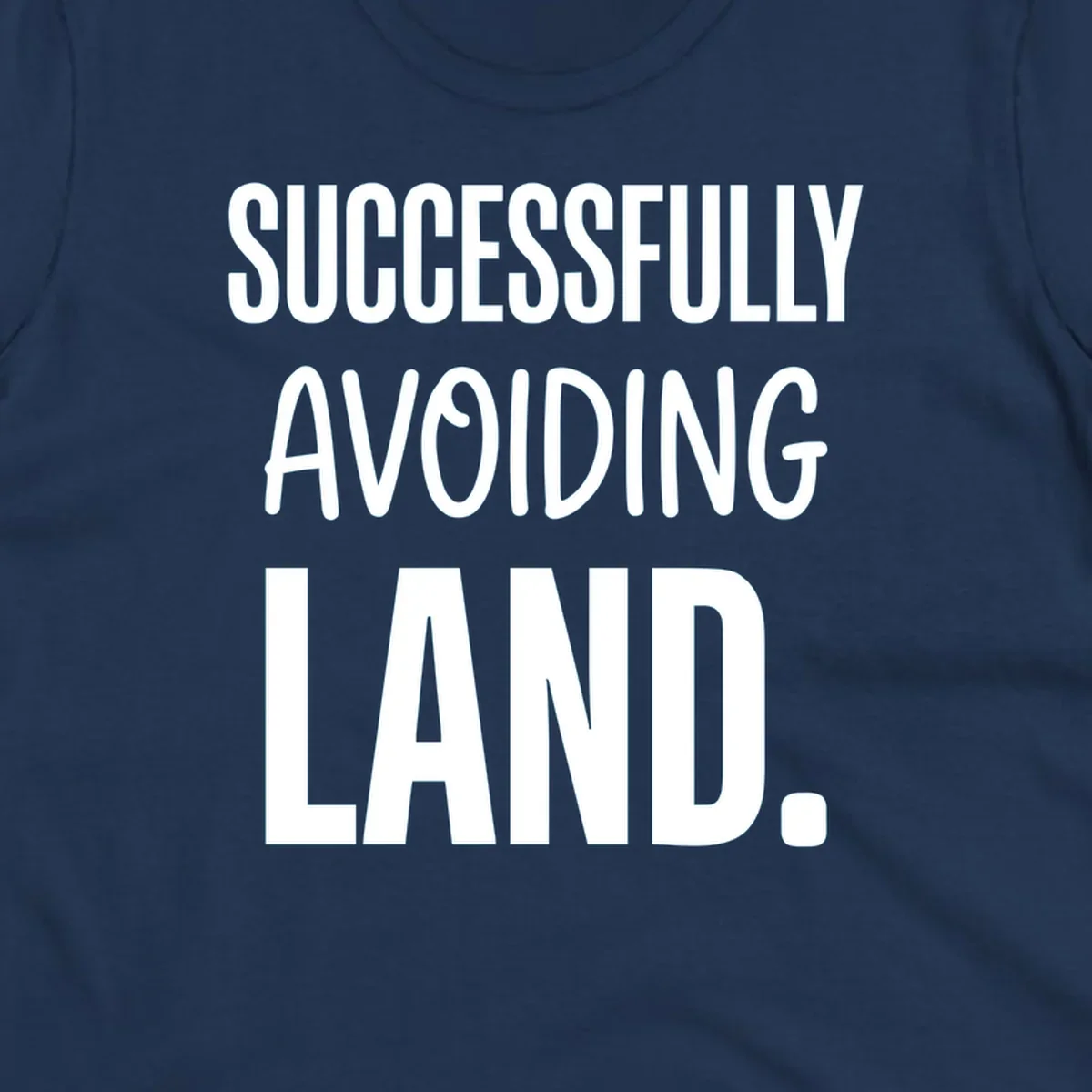 White text on gray background reading 'SUCCESSFULLY AVOIDING LAND.' - a funny cruise ship design