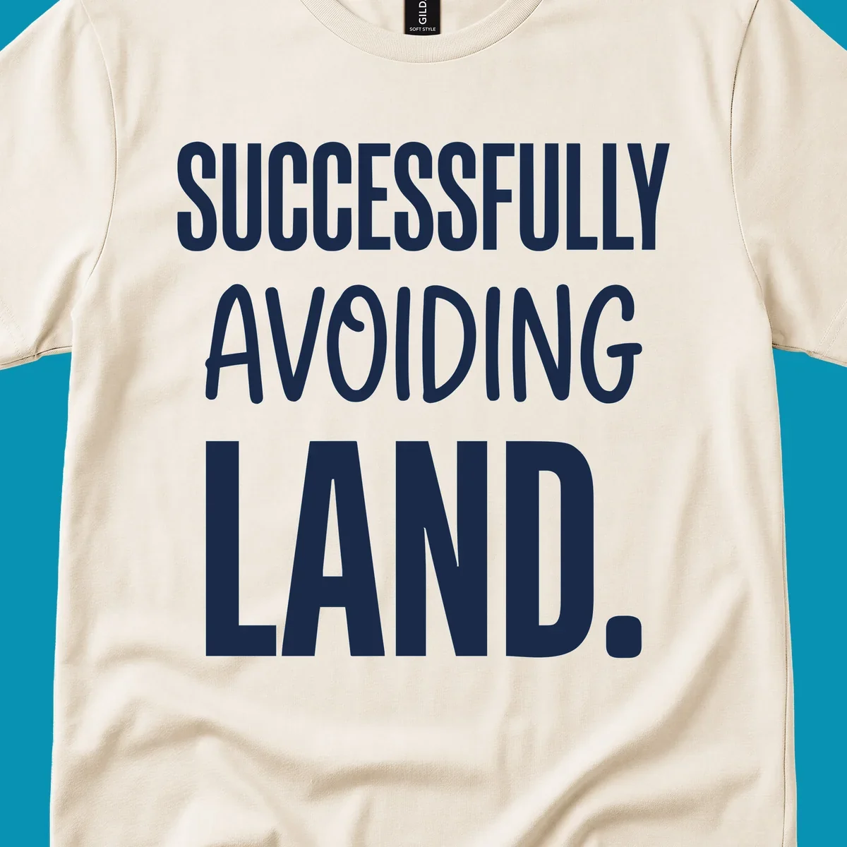 White text on gray background reading 'SUCCESSFULLY AVOIDING LAND.' - a funny cruise ship design