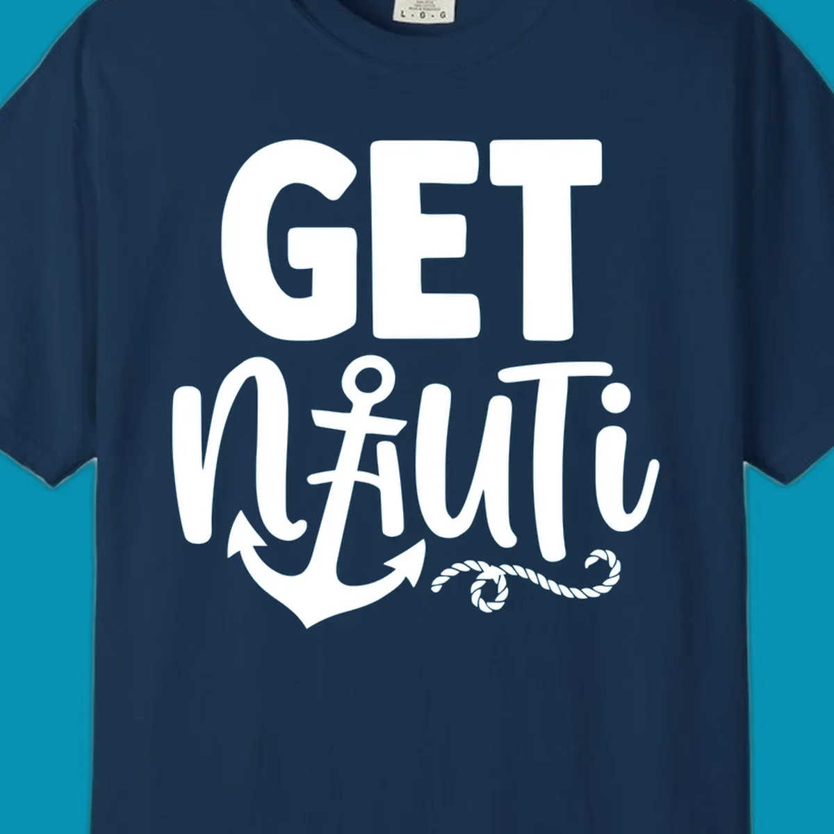 White nautical design with 'GET NAUTICAL' text, anchor symbol integrated into letter A, cross, and rope details on gray background