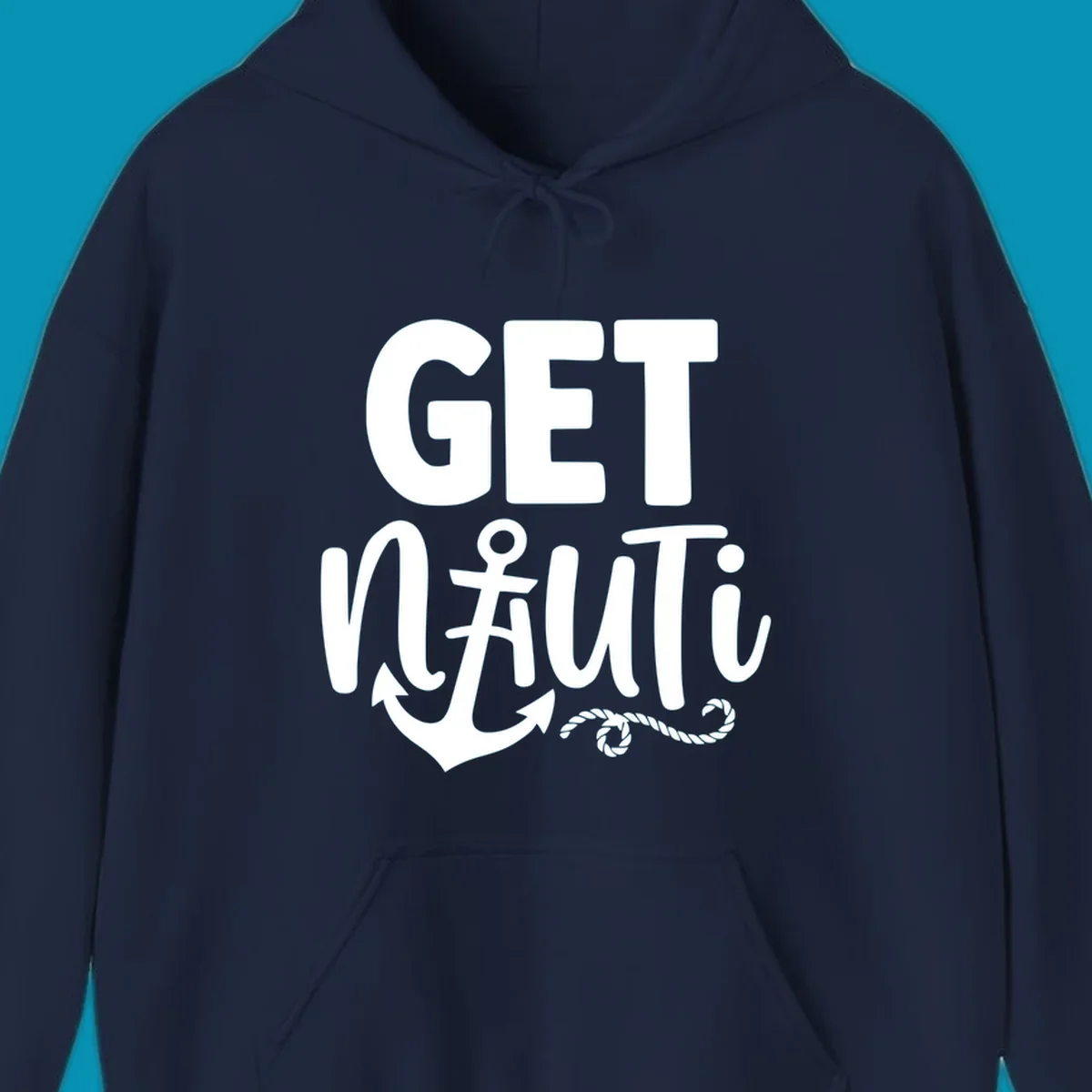 White nautical design with 'GET NAUTICAL' text, anchor symbol integrated into letter A, cross, and rope details on gray background