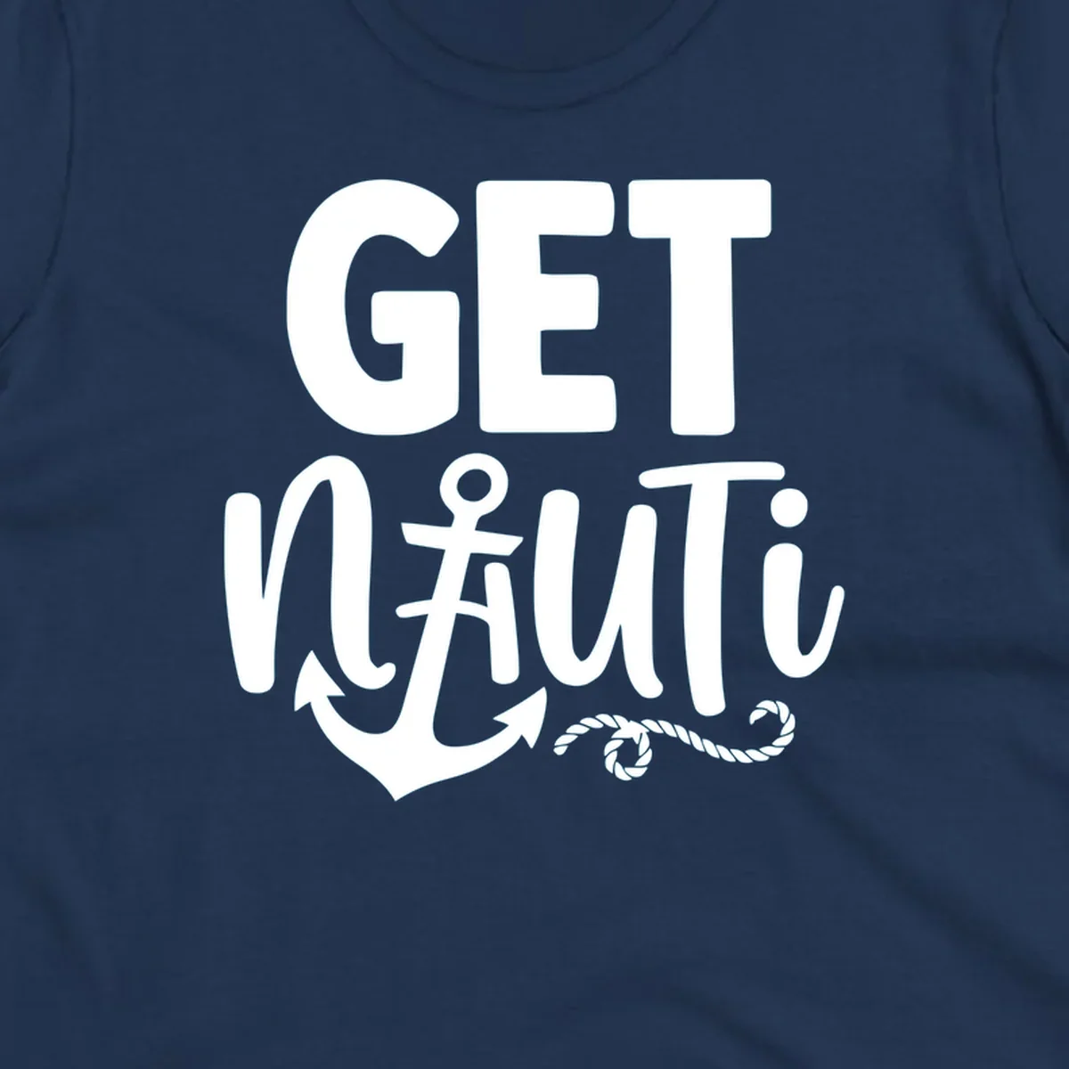 White nautical design with 'GET NAUTICAL' text, anchor symbol integrated into letter A, cross, and rope details on gray background