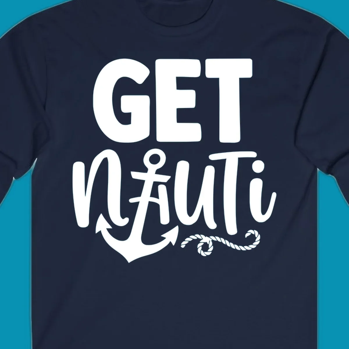 White nautical design with 'GET NAUTICAL' text, anchor symbol integrated into letter A, cross, and rope details on gray background