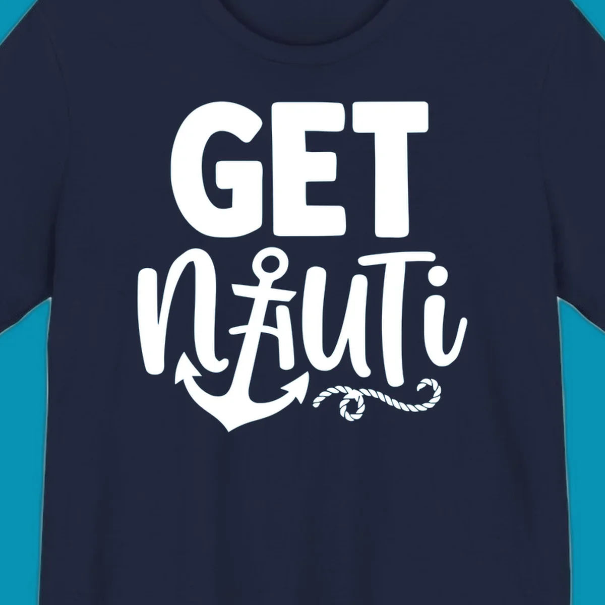 White nautical design with 'GET NAUTICAL' text, anchor symbol integrated into letter A, cross, and rope details on gray background