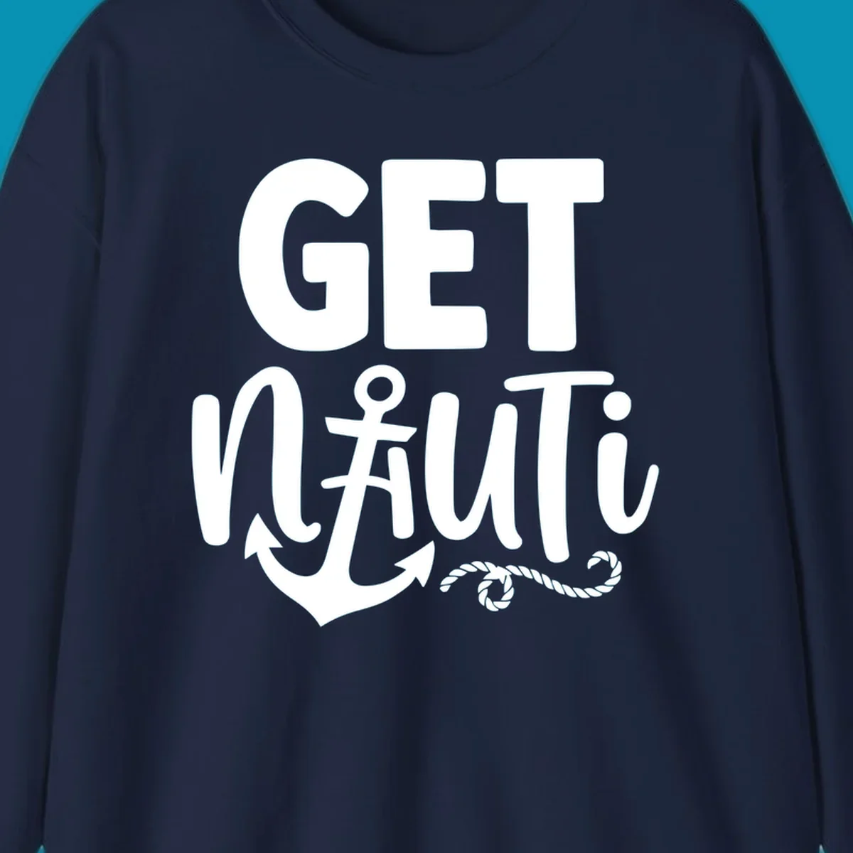 White nautical design with 'GET NAUTICAL' text, anchor symbol integrated into letter A, cross, and rope details on gray background