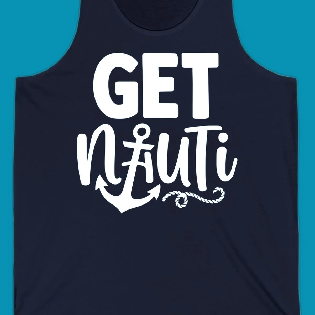 White nautical design with 'GET NAUTICAL' text, anchor symbol integrated into letter A, cross, and rope details on gray background