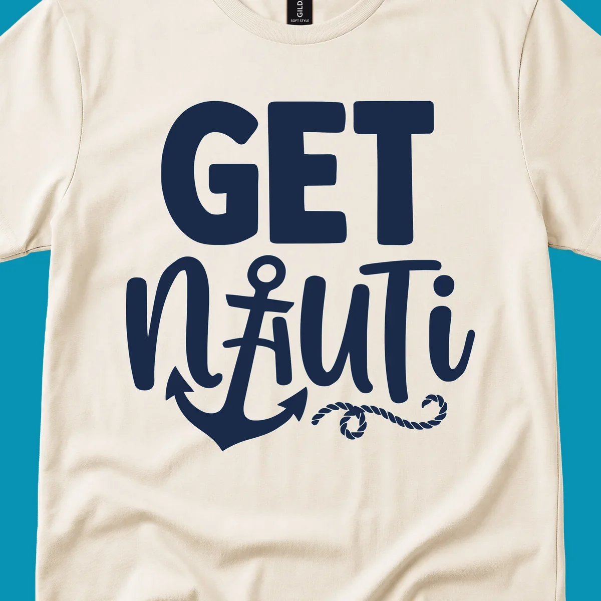 White nautical design with 'GET NAUTICAL' text, anchor symbol integrated into letter A, cross, and rope details on gray background