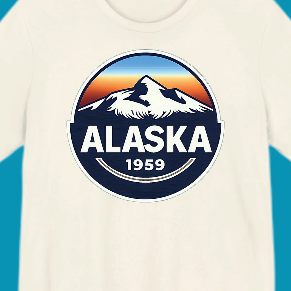 Vintage circular Alaska statehood badge design with snow-capped mountain and 1959 date on navy background