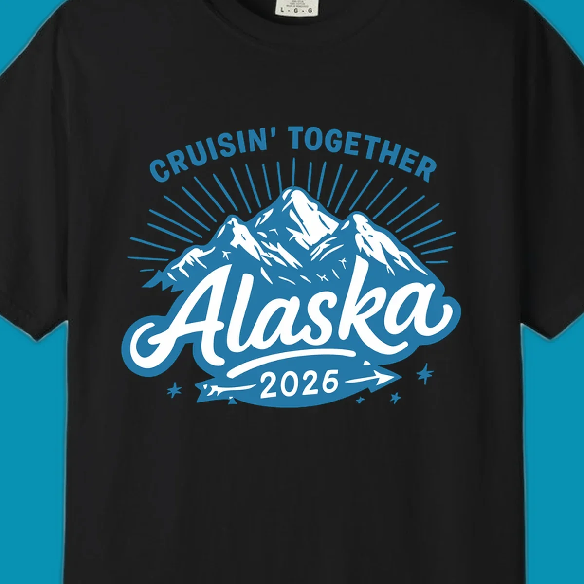 Cruisin Together Alaska design with three snow-capped mountains, radiating sun rays, and decorative stars on blue and white background