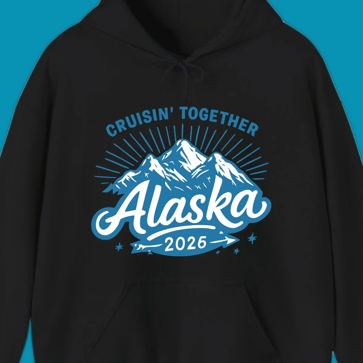 Cruisin Together Alaska design with three snow-capped mountains, radiating sun rays, and decorative stars on blue and white background