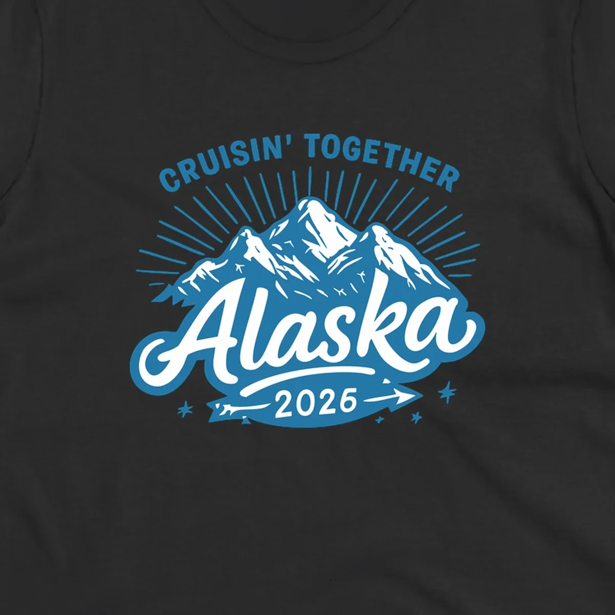 Cruisin Together Alaska design with three snow-capped mountains, radiating sun rays, and decorative stars on blue and white background