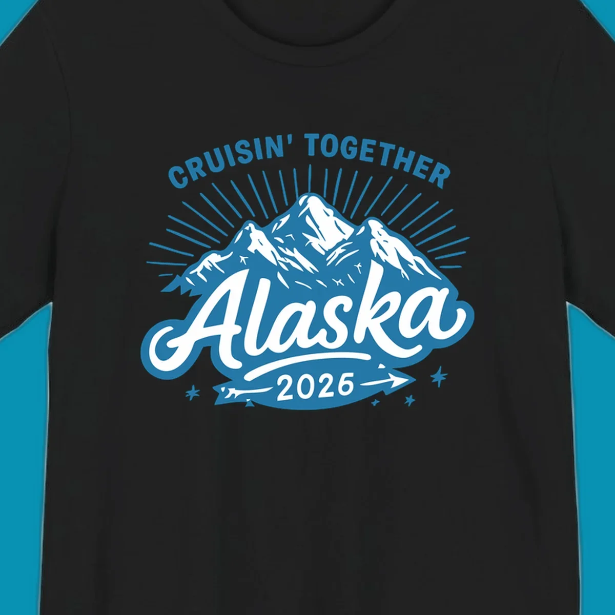 Cruisin Together Alaska design with three snow-capped mountains, radiating sun rays, and decorative stars on blue and white background