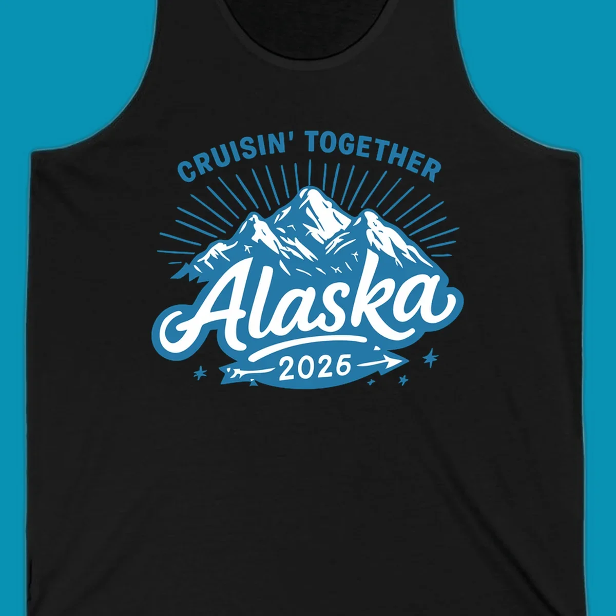 Cruisin Together Alaska design with three snow-capped mountains, radiating sun rays, and decorative stars on blue and white background