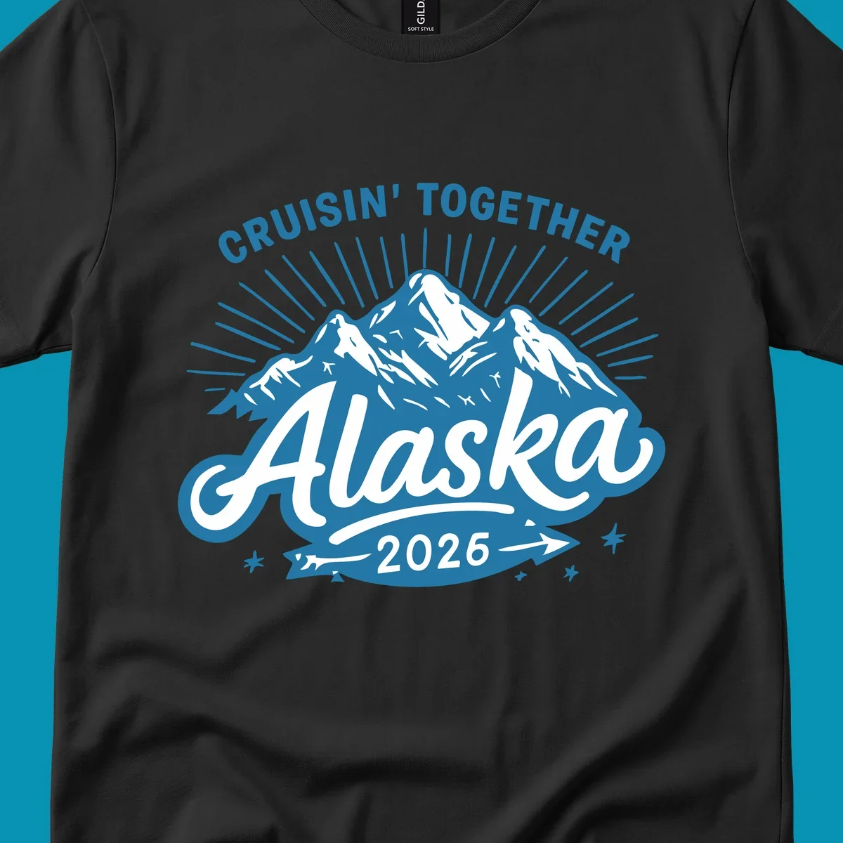 Cruisin Together Alaska design with three snow-capped mountains, radiating sun rays, and decorative stars on blue and white background