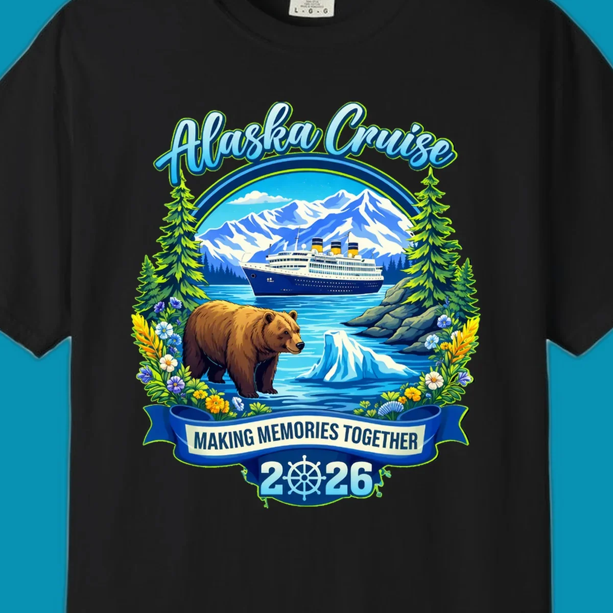 Alaska cruise scenic design with ship, snow mountains, brown bear, icebergs, trees and wildflowers with 'Making Memories Together 2026' text