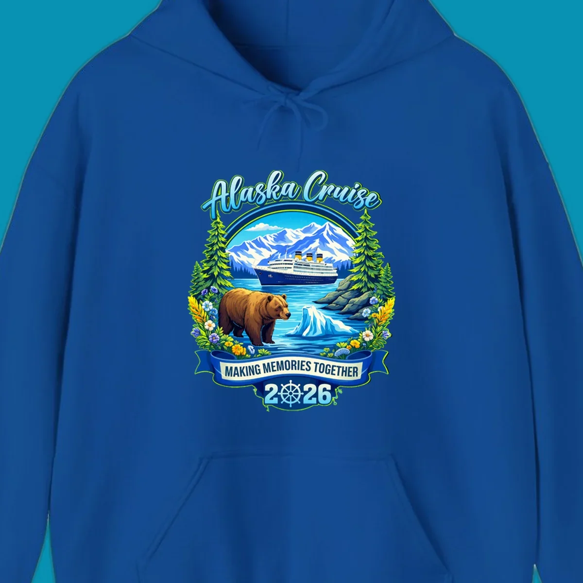Alaska cruise scenic design with ship, snow mountains, brown bear, icebergs, trees and wildflowers with 'Making Memories Together 2026' text