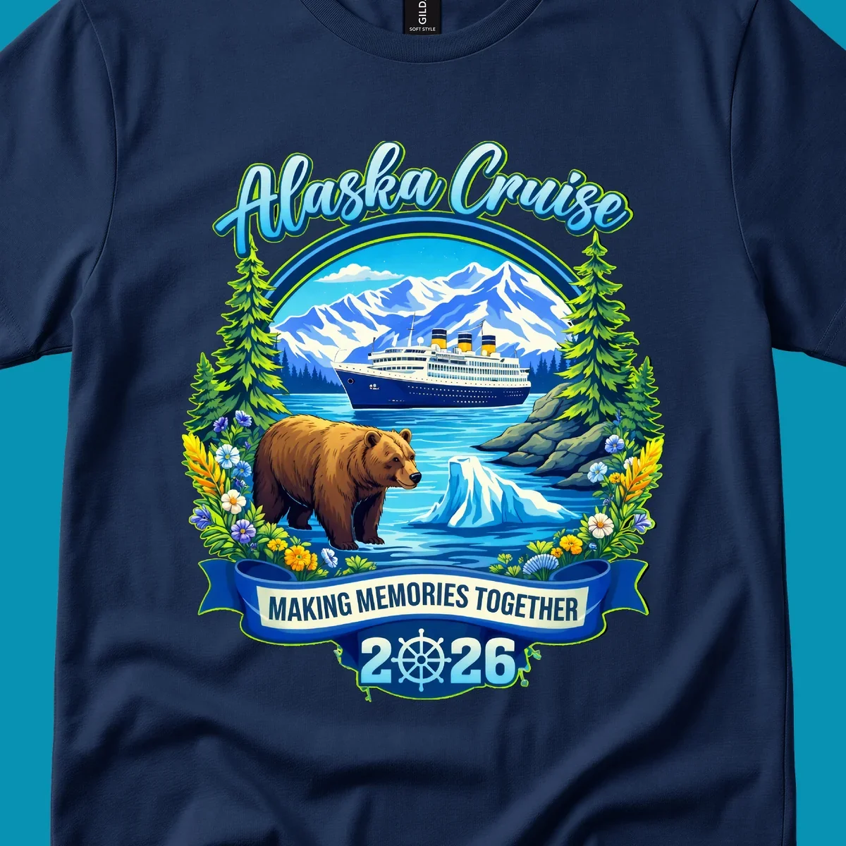 Alaska cruise scenic design with ship, snow mountains, brown bear, icebergs, trees and wildflowers with 'Making Memories Together 2026' text
