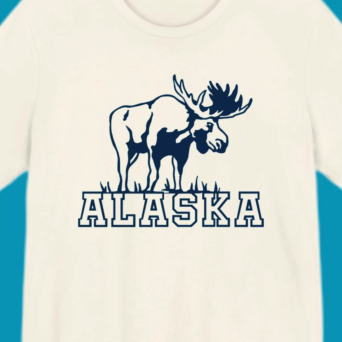 White silhouette of a majestic moose with large antlers standing with grass below and ALASKA text, moose-alaska-silhouette design