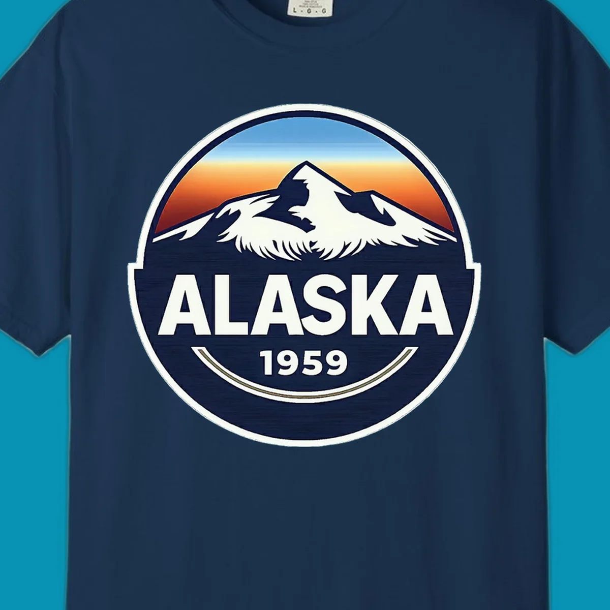 Alaska 1959 mountain eagle badge design featuring white mountains and an eagle against a blue and orange sky, with 'ALASKA' and '1959' text.