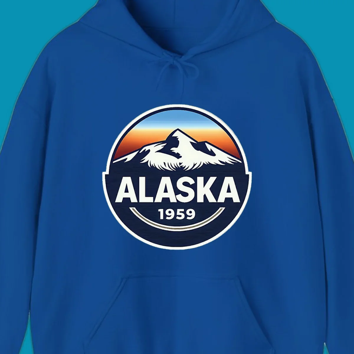 Alaska 1959 mountain eagle badge design featuring white mountains and an eagle against a blue and orange sky, with 'ALASKA' and '1959' text.