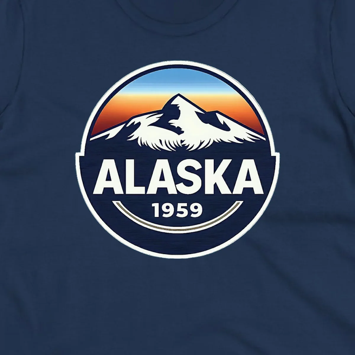 Alaska 1959 mountain eagle badge design featuring white mountains and an eagle against a blue and orange sky, with 'ALASKA' and '1959' text.