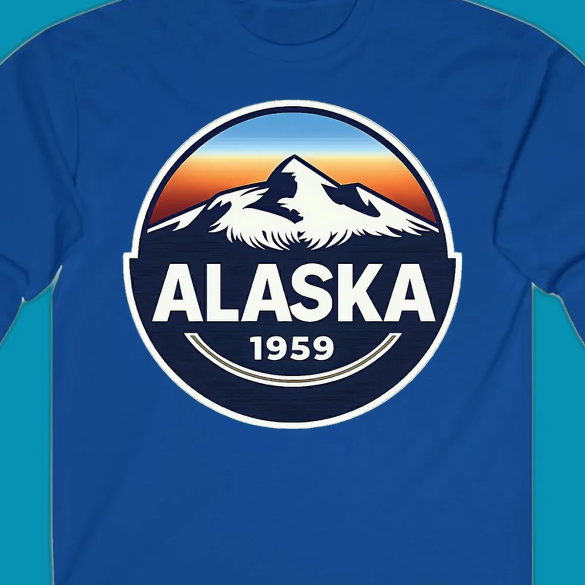 Alaska 1959 mountain eagle badge design featuring white mountains and an eagle against a blue and orange sky, with 'ALASKA' and '1959' text.
