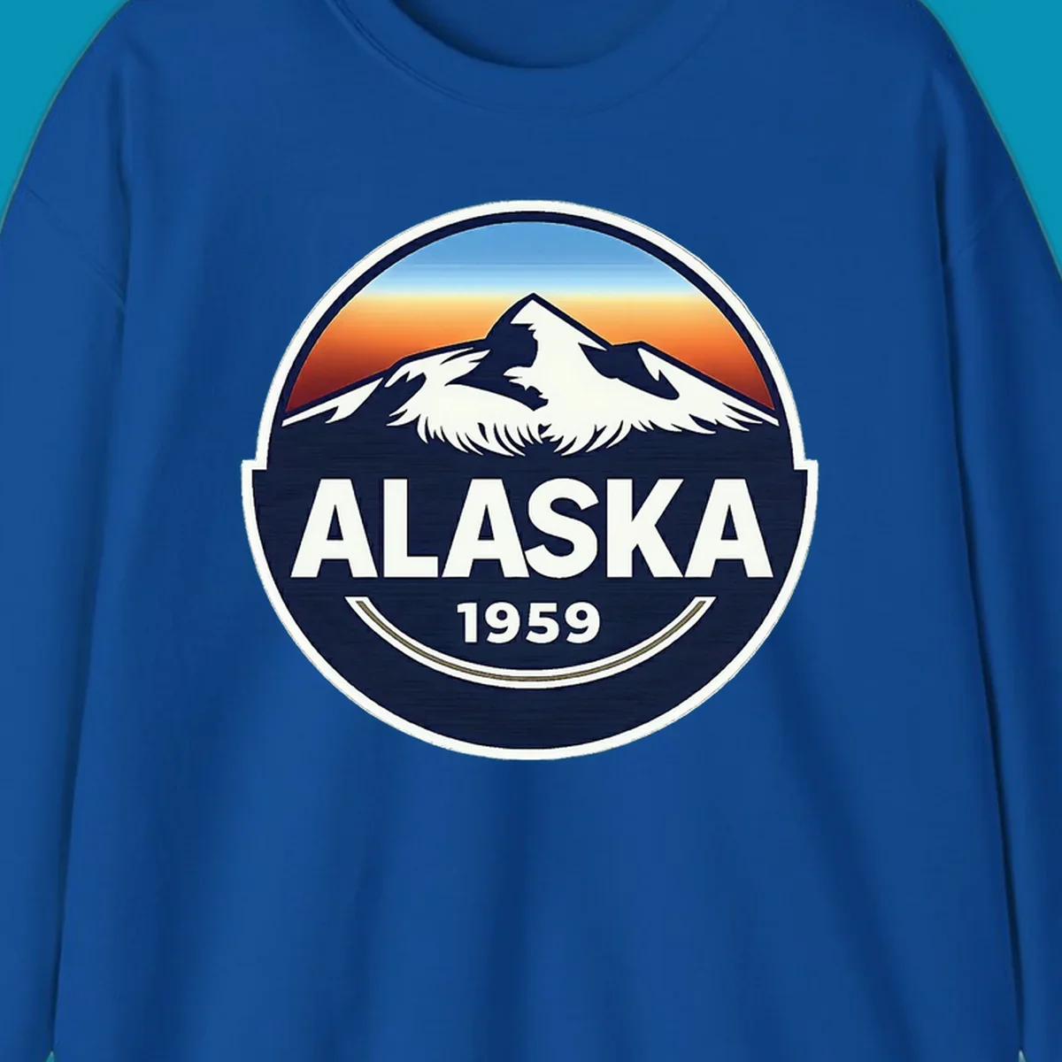 Alaska 1959 mountain eagle badge design featuring white mountains and an eagle against a blue and orange sky, with 'ALASKA' and '1959' text.
